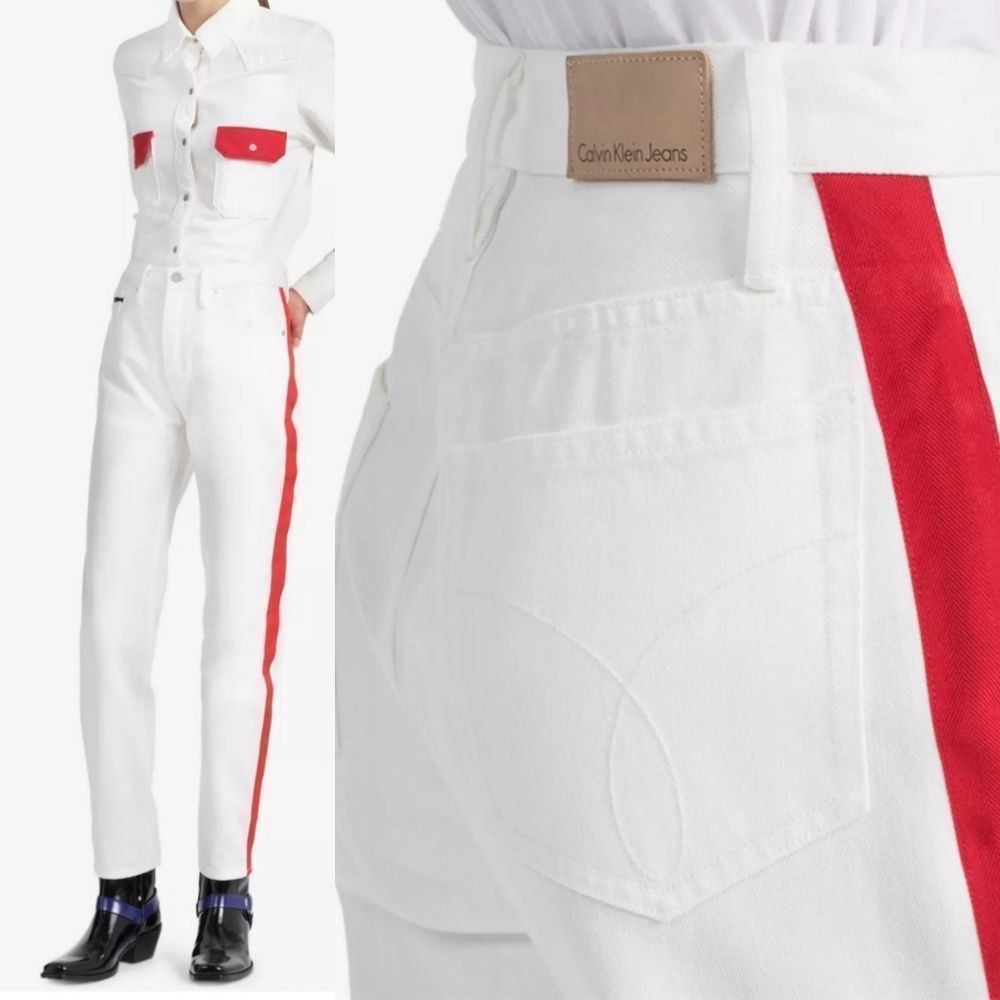 Calvin Klein Straight 10" High Rise White w/ Red Ribbon Stripe Jean Womens 27